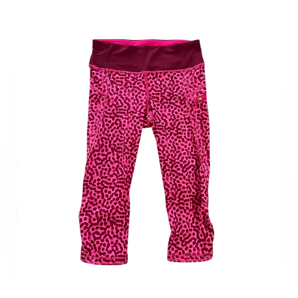 Lululemon 15” Run: Top Speed Crop Pink/Bergundy Polka Dot Print Leggings Size 4